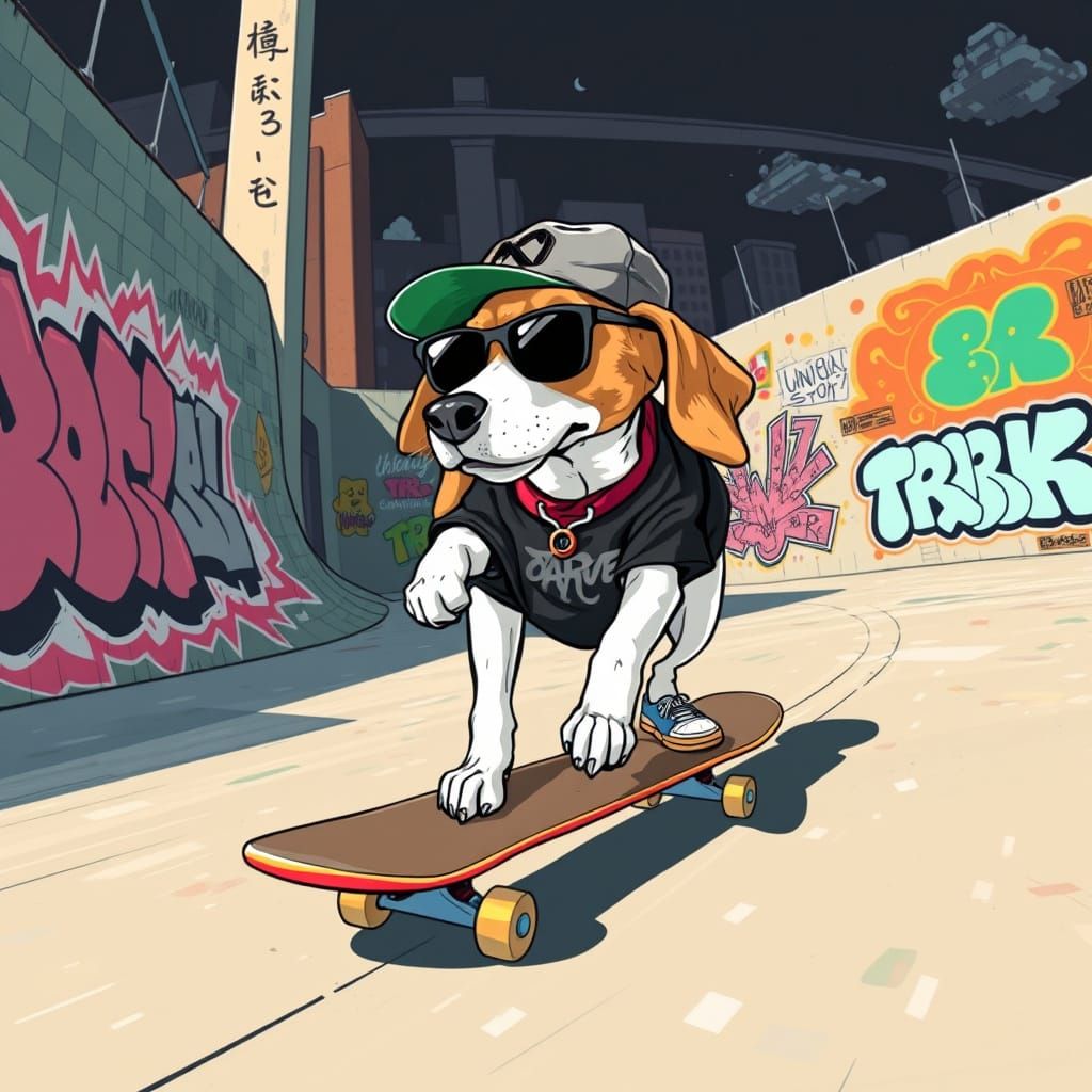 Skateboarding Beagle in Vibrant Urban Skatepark
