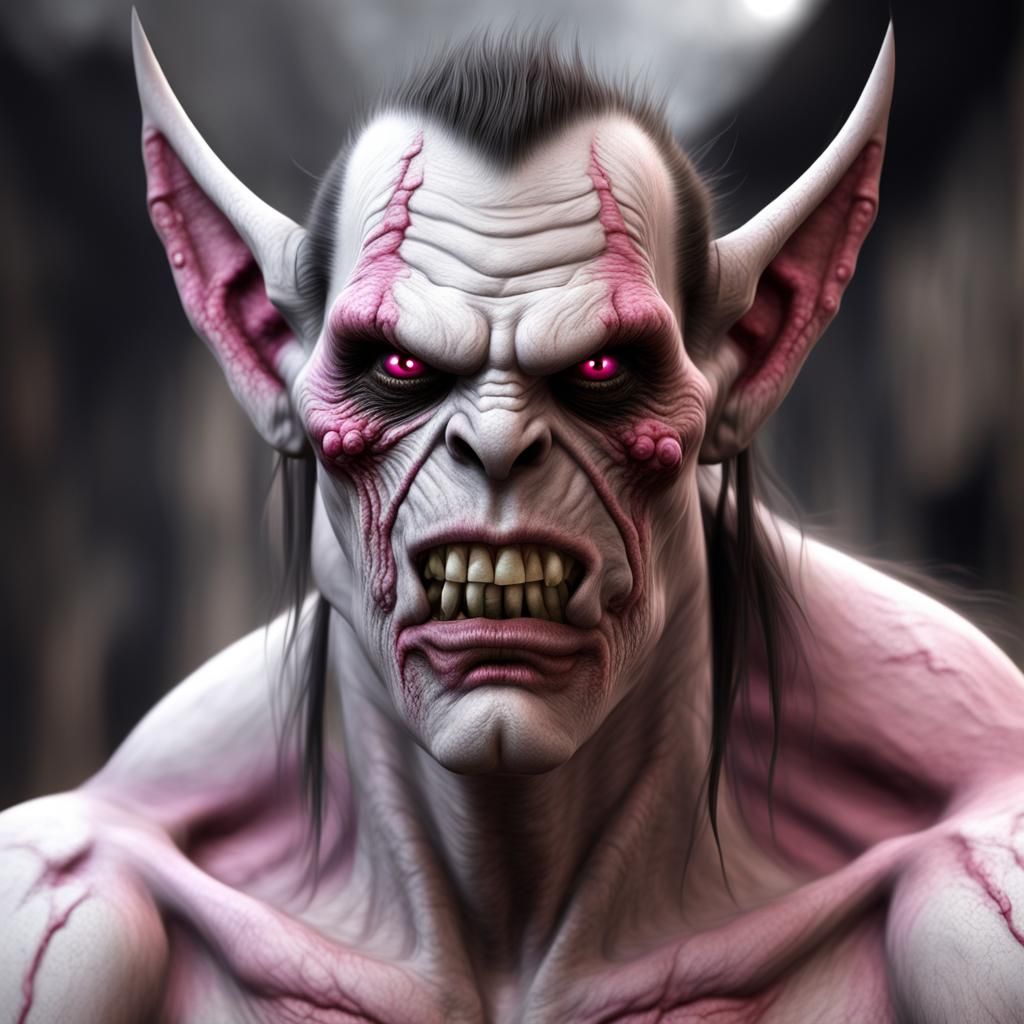 Detailed Matte Painting of a White Skinned Pink Eyed Half-Or...