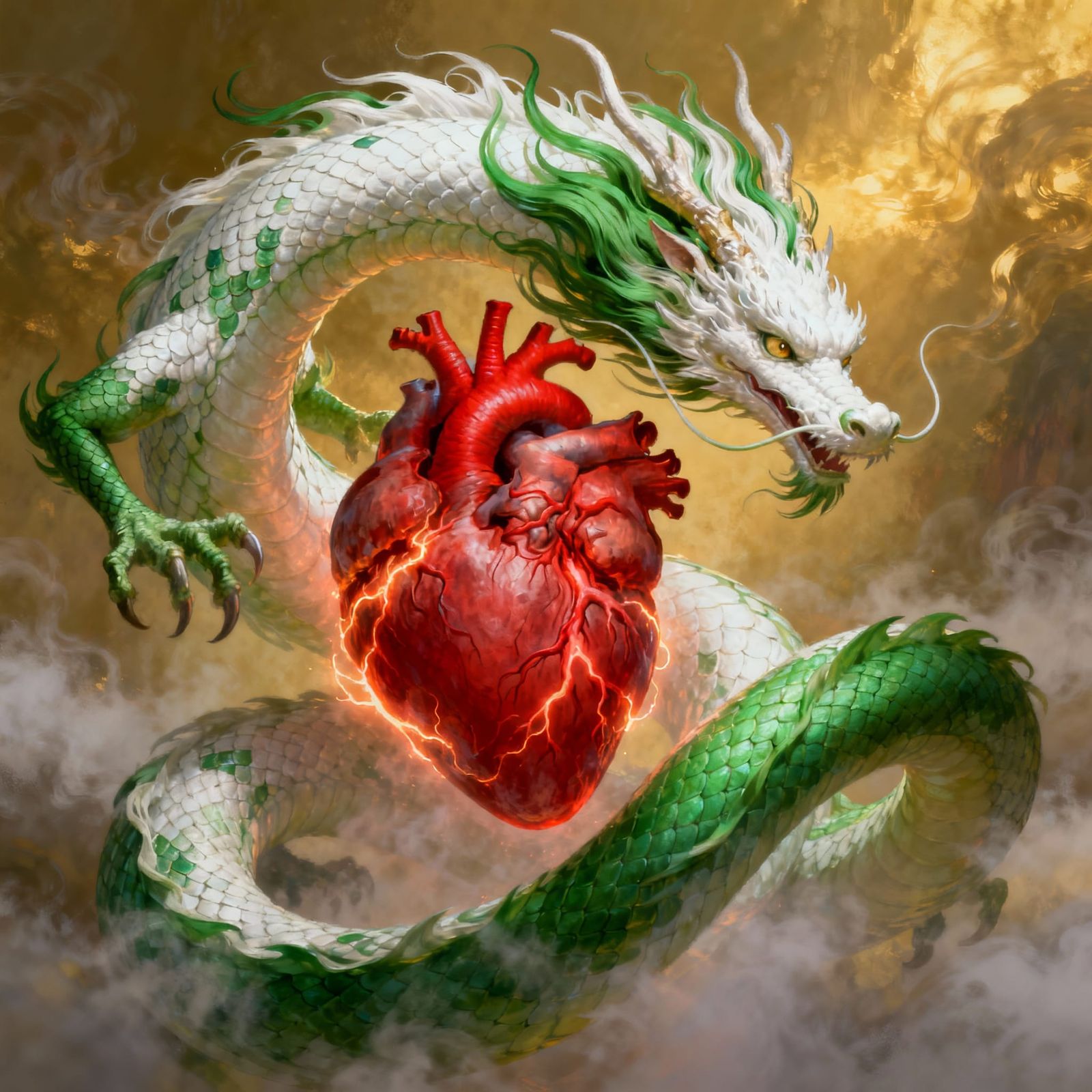 White and Green Japanese Dragon Coils Around Red Heart