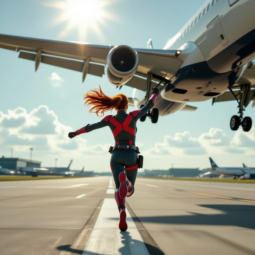 Superheroine Leaps for Departing Plane on Runway
