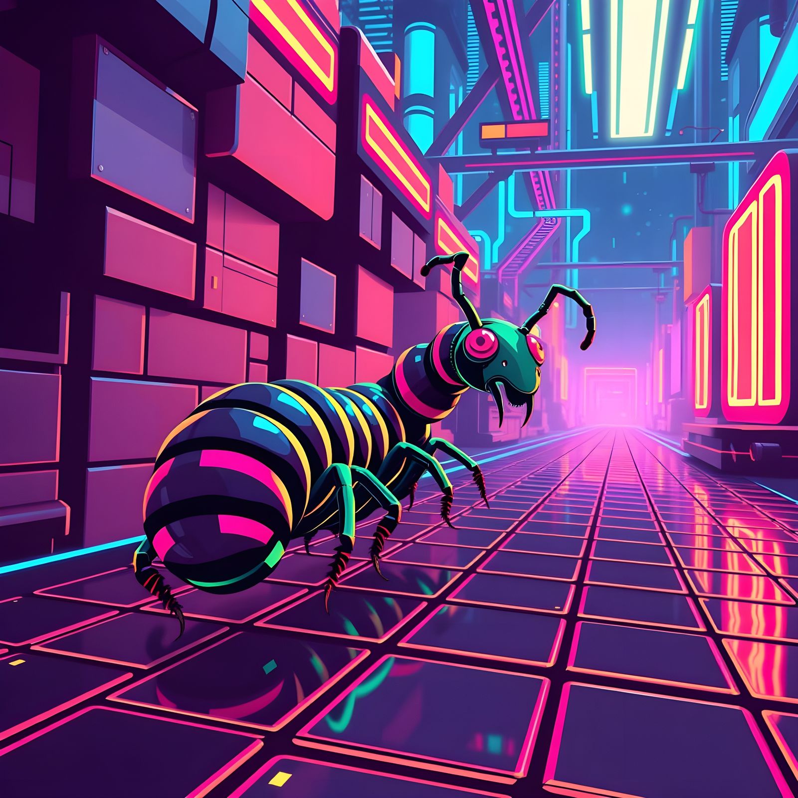Retro-Futuristic Centipede in Neon Grid