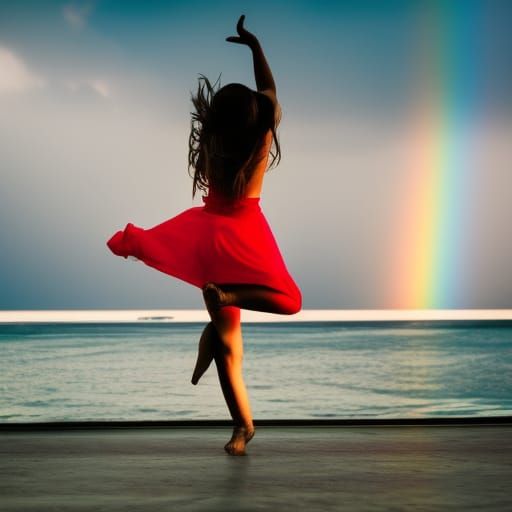 Girl Dancing by Ocean with Rainbow and Puppy