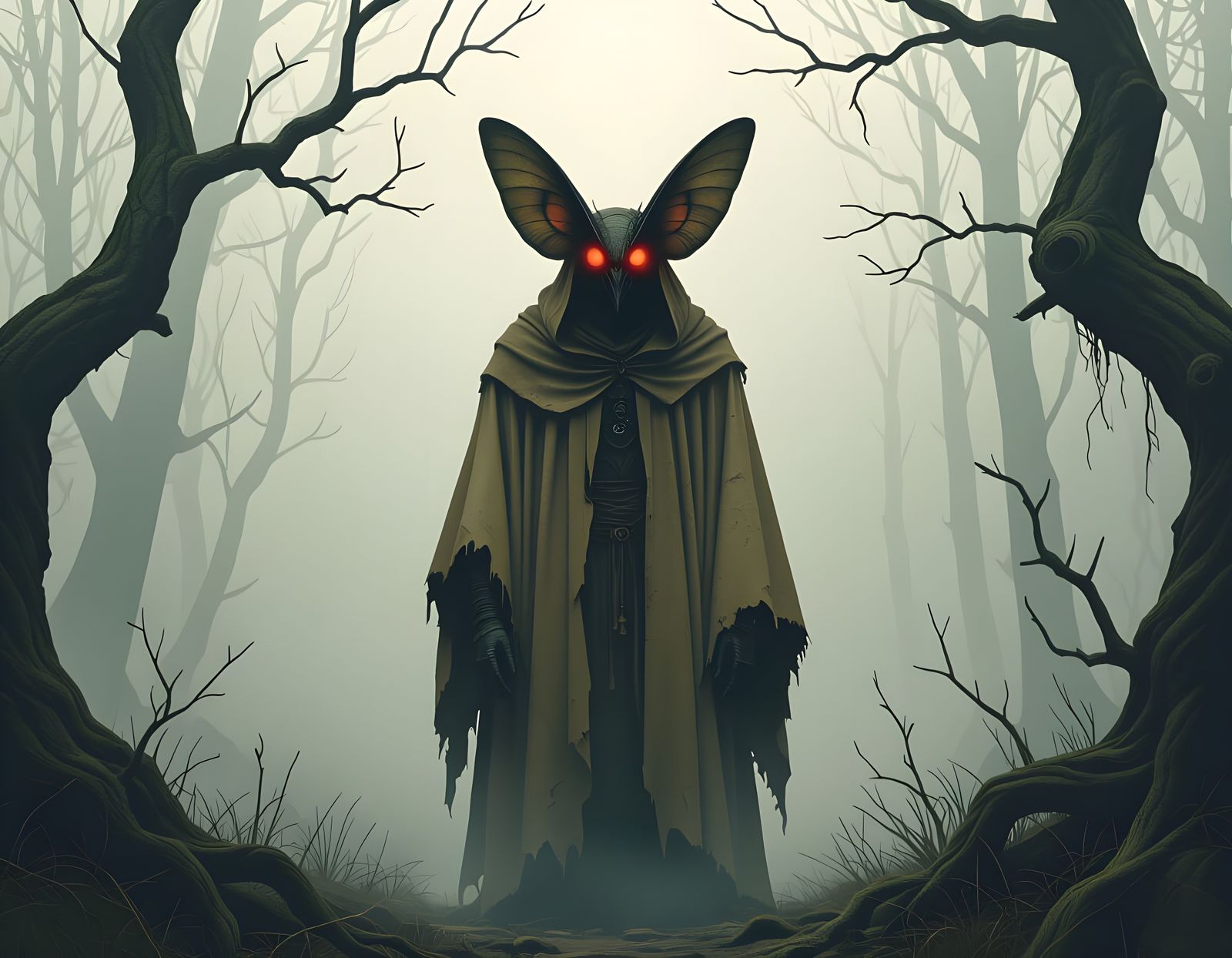 Ominous Mothman Portrait in a Dark Forest