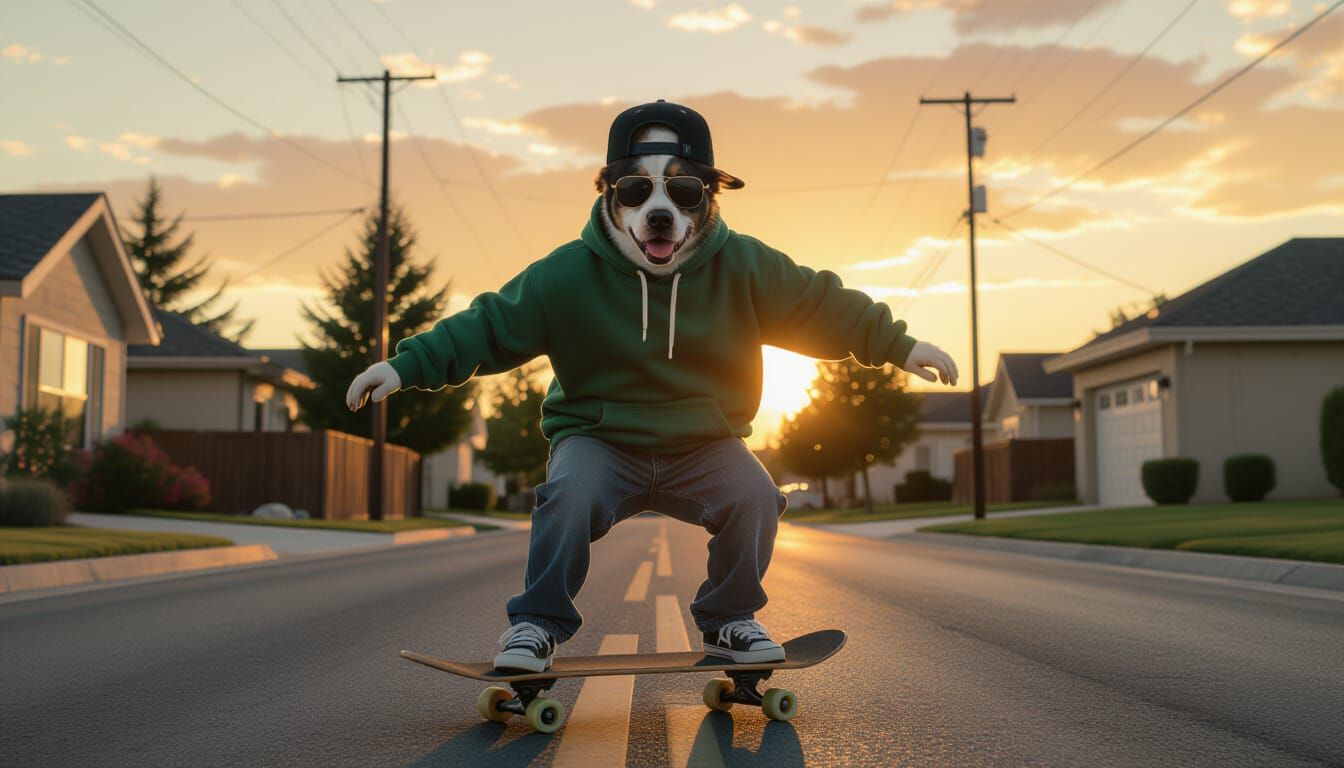 Dog Skateboarder in Sunglasses at Sunset