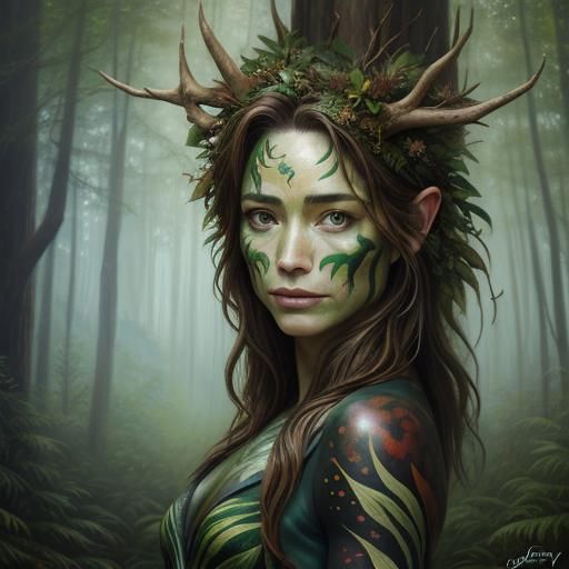 Forest Spirit with Bodypaint as Oil Painting