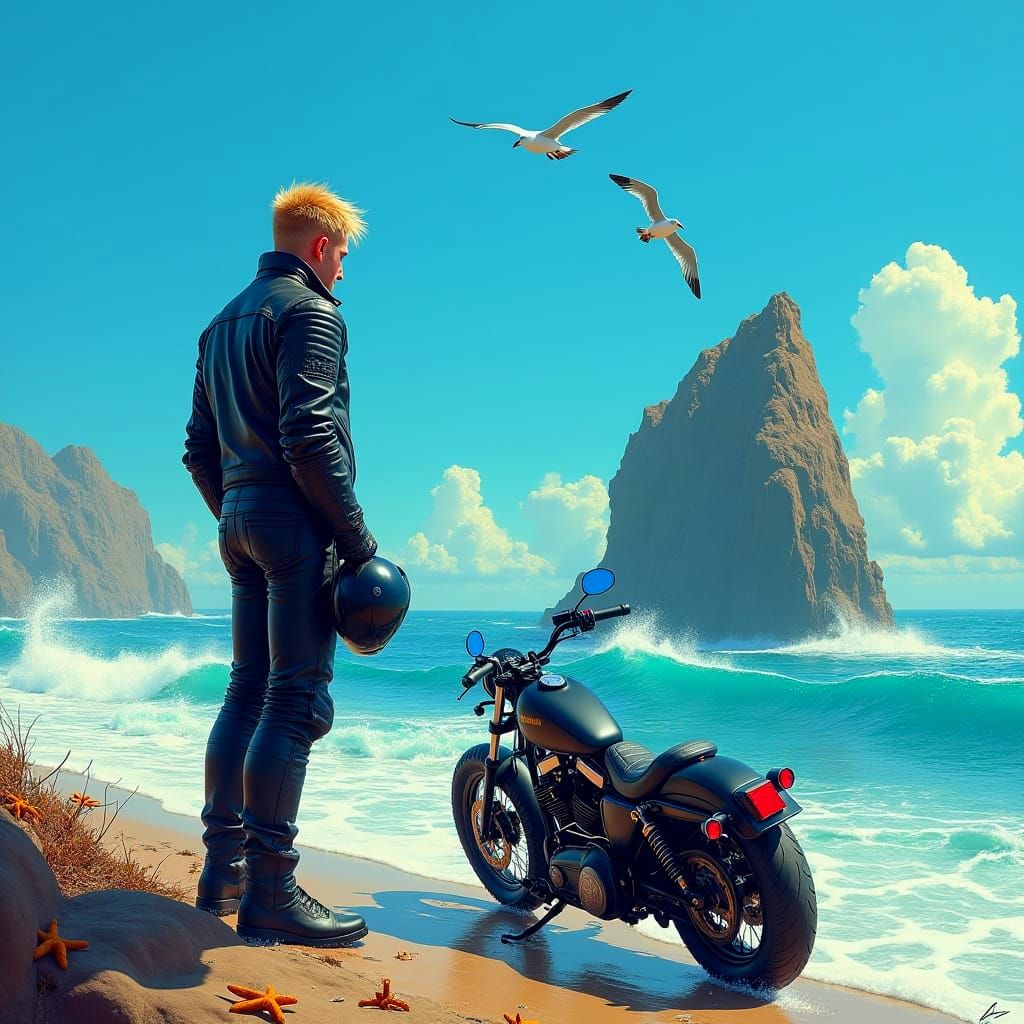 Motorcyclist Gazing at Sea: Matte Painting Style