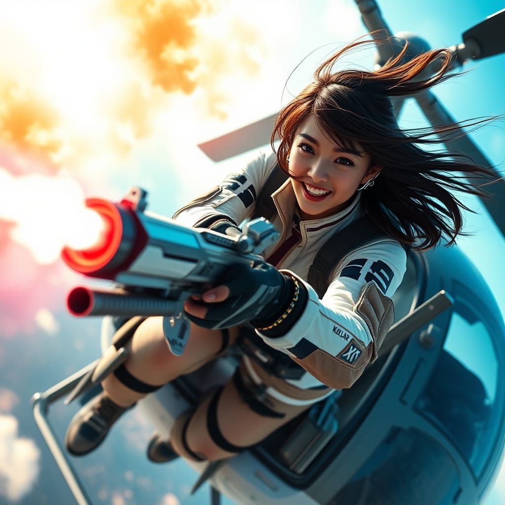 Asian Woman Fires Gun from Futuristic Helicopter