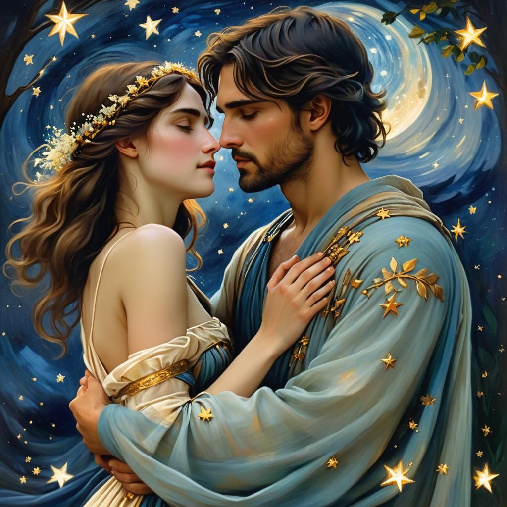 Romantic Embrace Under Starry Skies: A Masterpiece