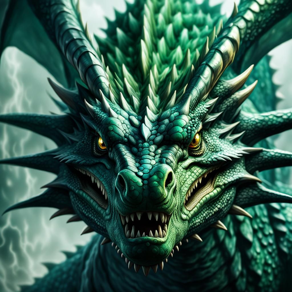 Iridescent Green Dragon in Eerie Fog