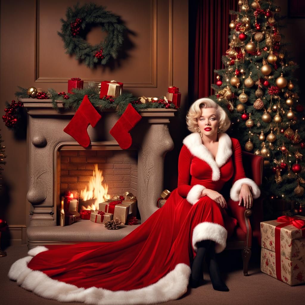 Marilyn Monroe as Mrs. Santa Clause dressed in a beautiful elegant long revealing naughty Christmas gown sitting by a be...