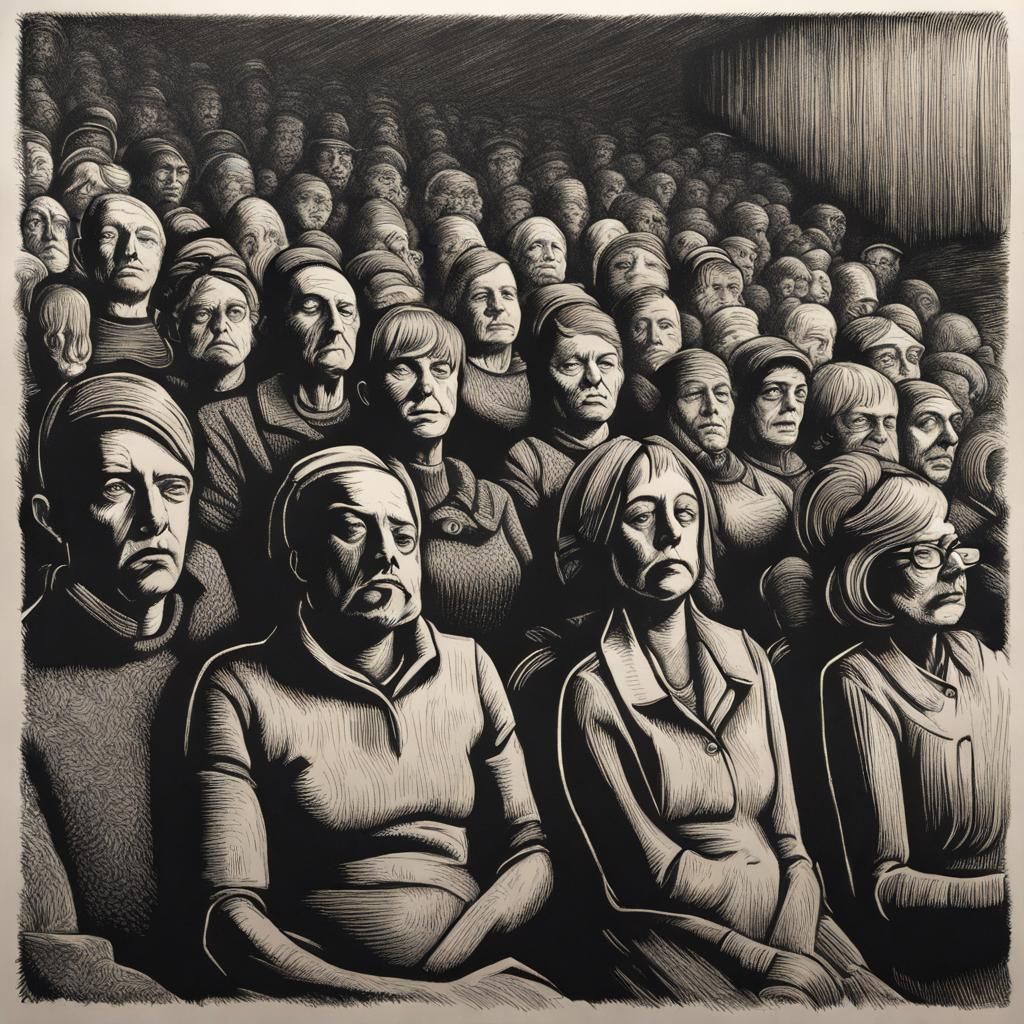 Blank Faced Audience in Linocut Charcoal Style