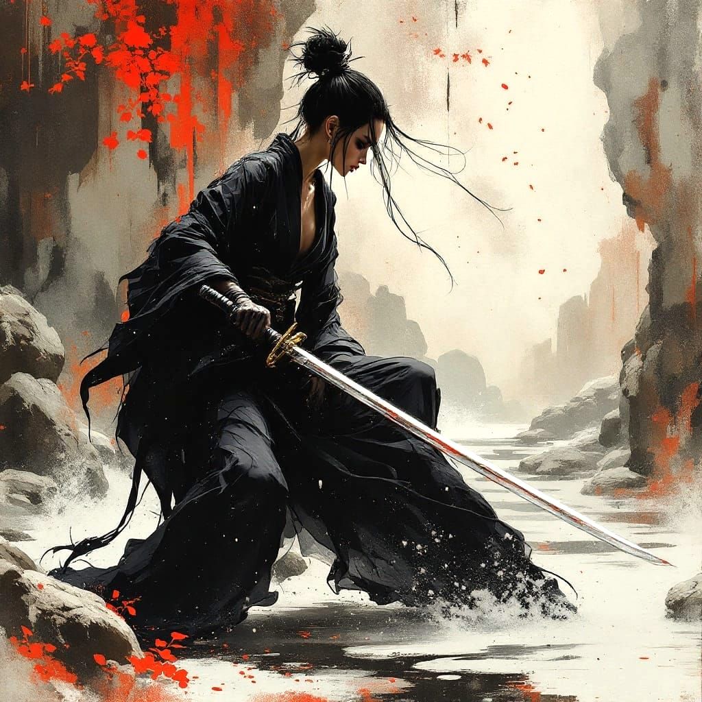 Sleek Samurai Lady in Elegant Kimono Practices Katana in Zen...