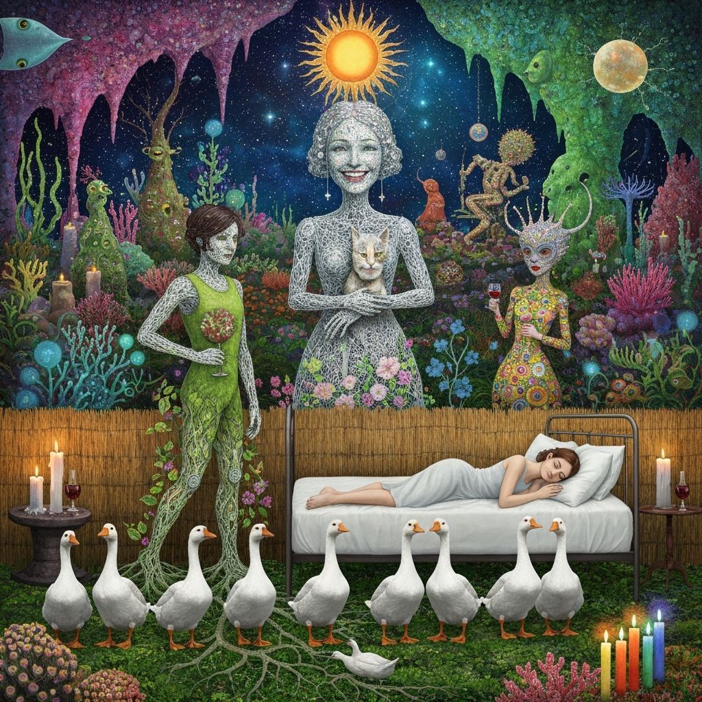 Folkloric Robot Twins in Surreal Eco-Art Garden