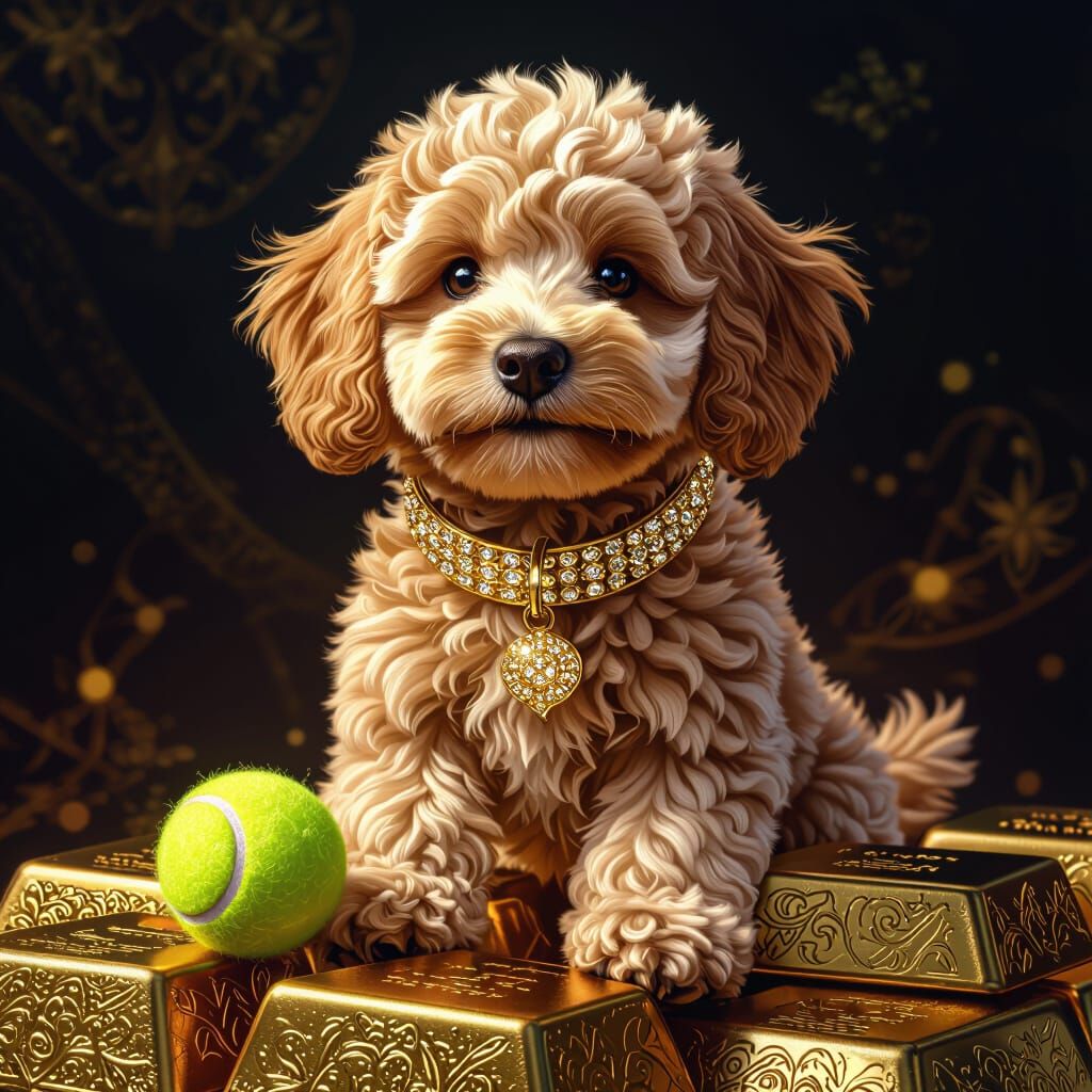 Golden Doodle Puppy on Gold Bars in Fantasy Realism Style