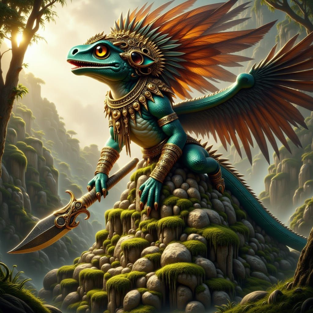 Aztec Lizard Warrior on Temple Pyramid