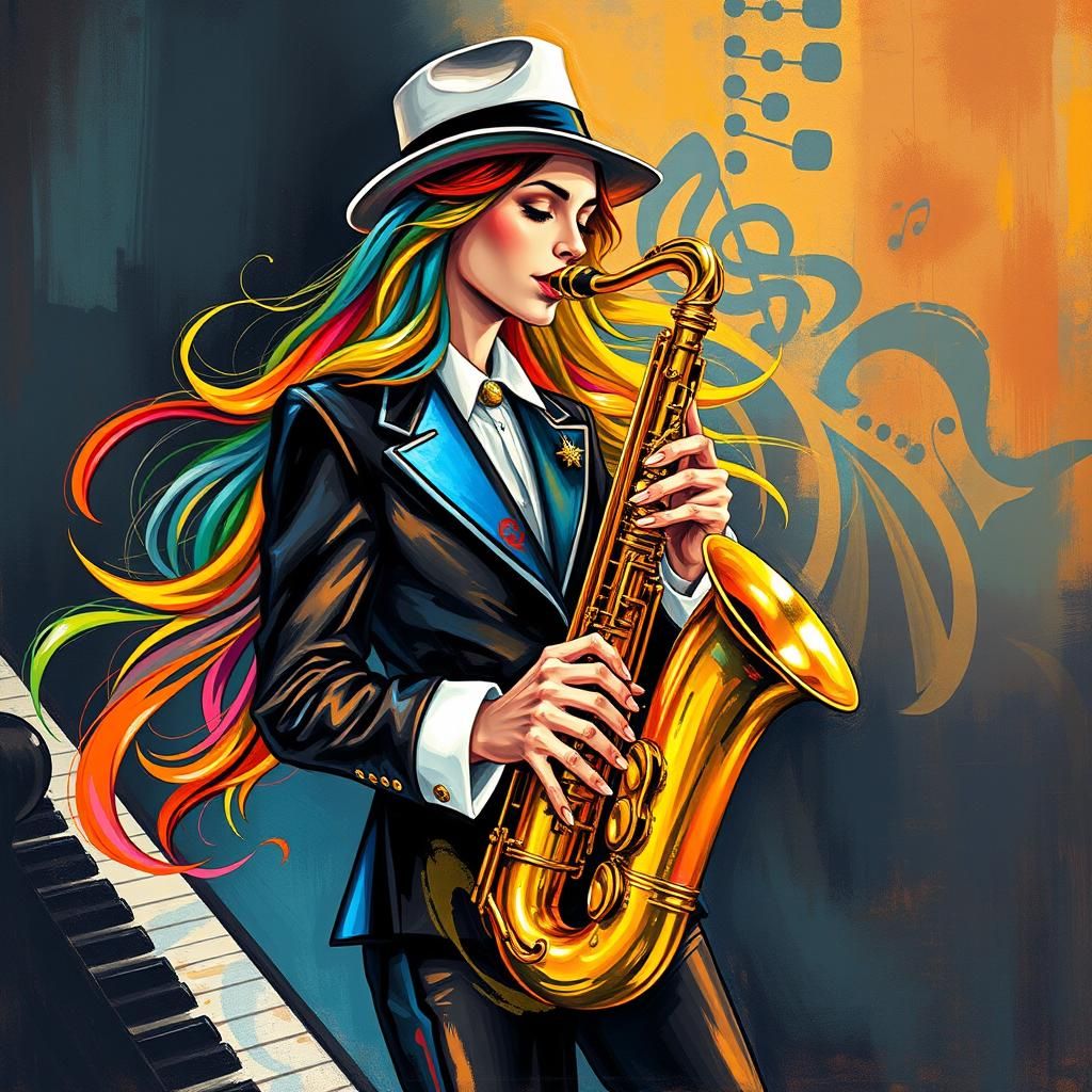 Rainbow Woman Saxophonist in Matisse-Style Jazz Art