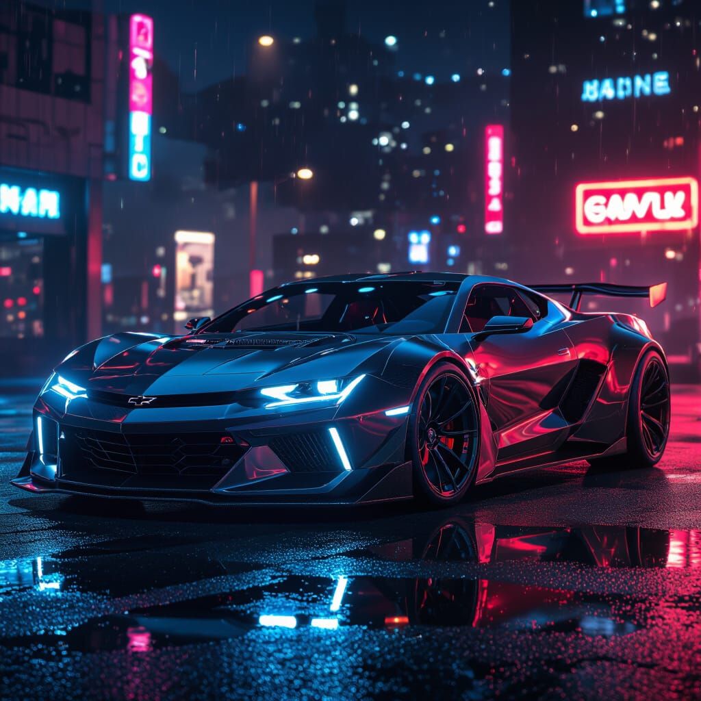 Futuristic Chevrolet Mega Sport Car: Neon City Lights