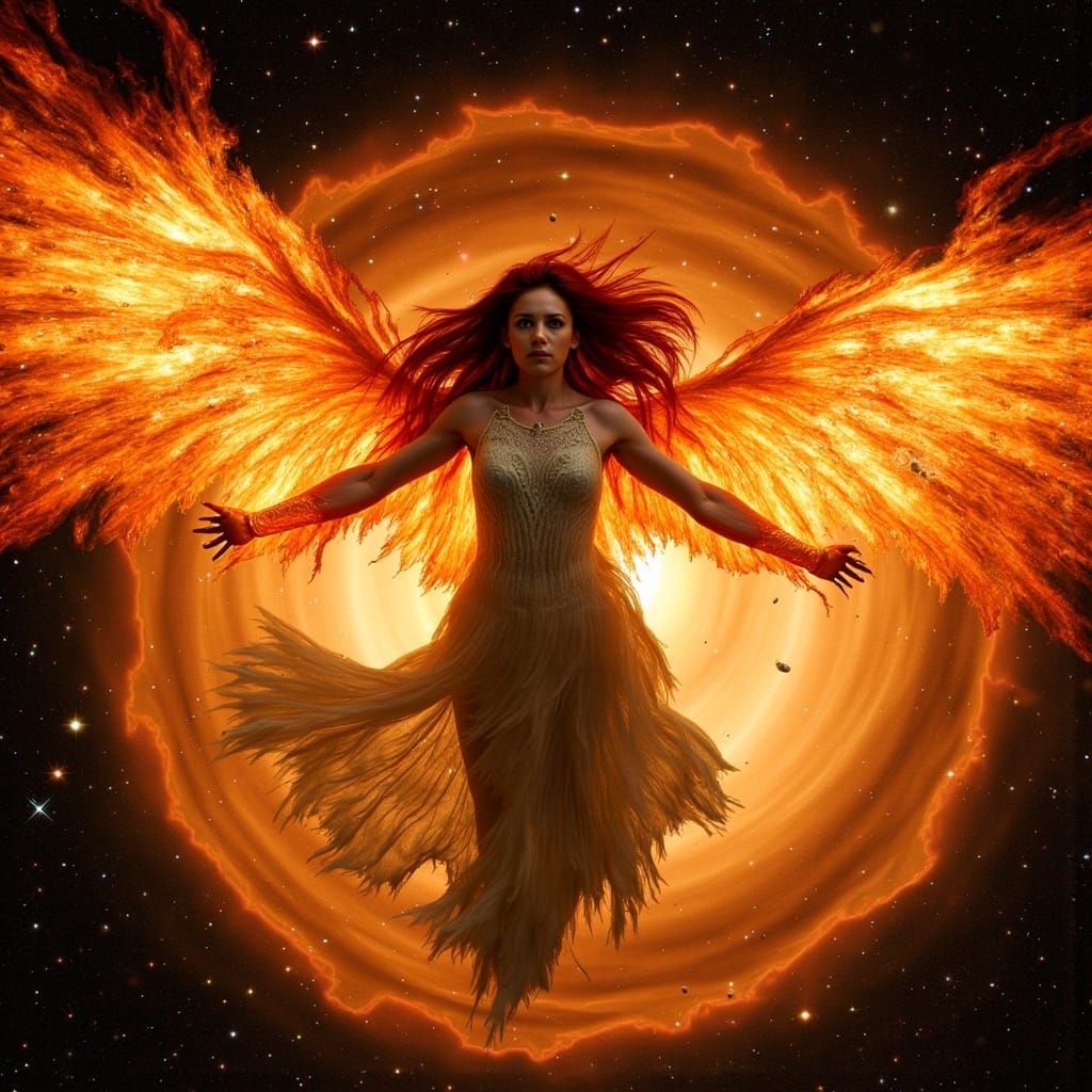 Fiery Phoenix Goddess in Cosmic Flames