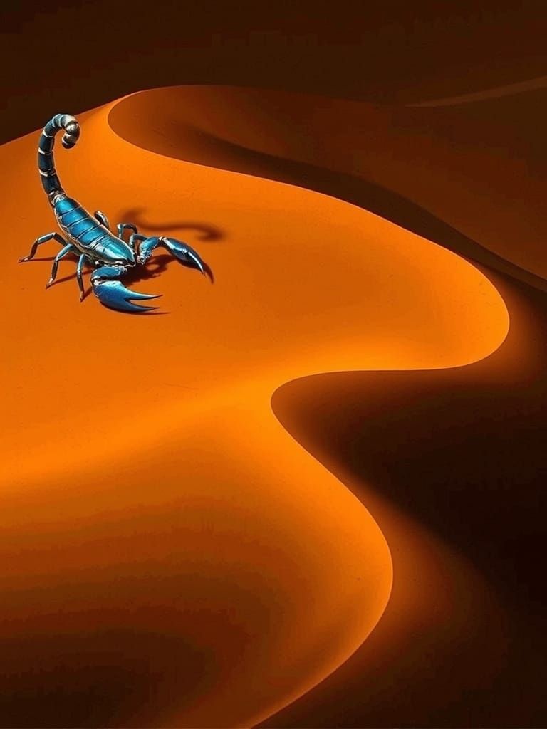 Electric Blue Scorpion on Orange Sand Dune Cinematic Photo