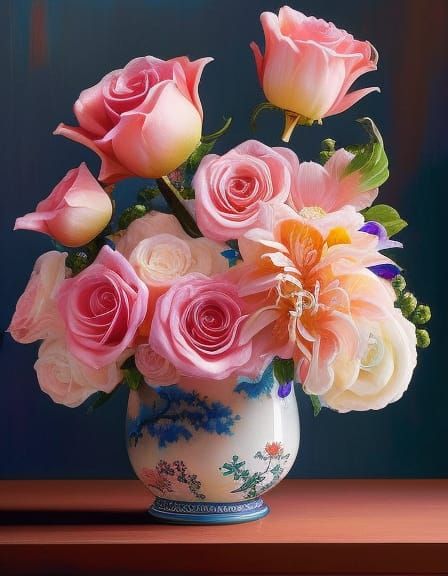 Dreamy Roses in Cloisonne Vase, Hyperrealistic Still Life