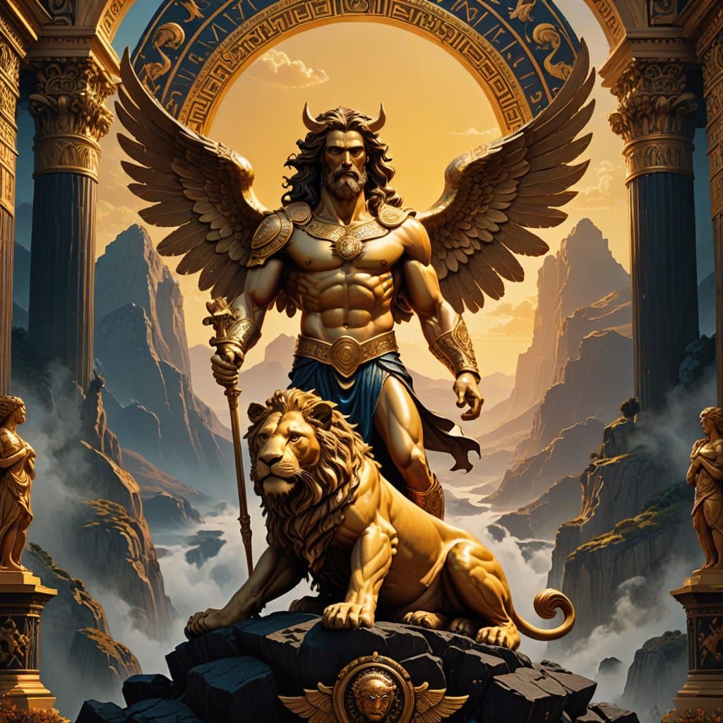 Regal Angel Statue Sits atop Majestic Mountain Throne