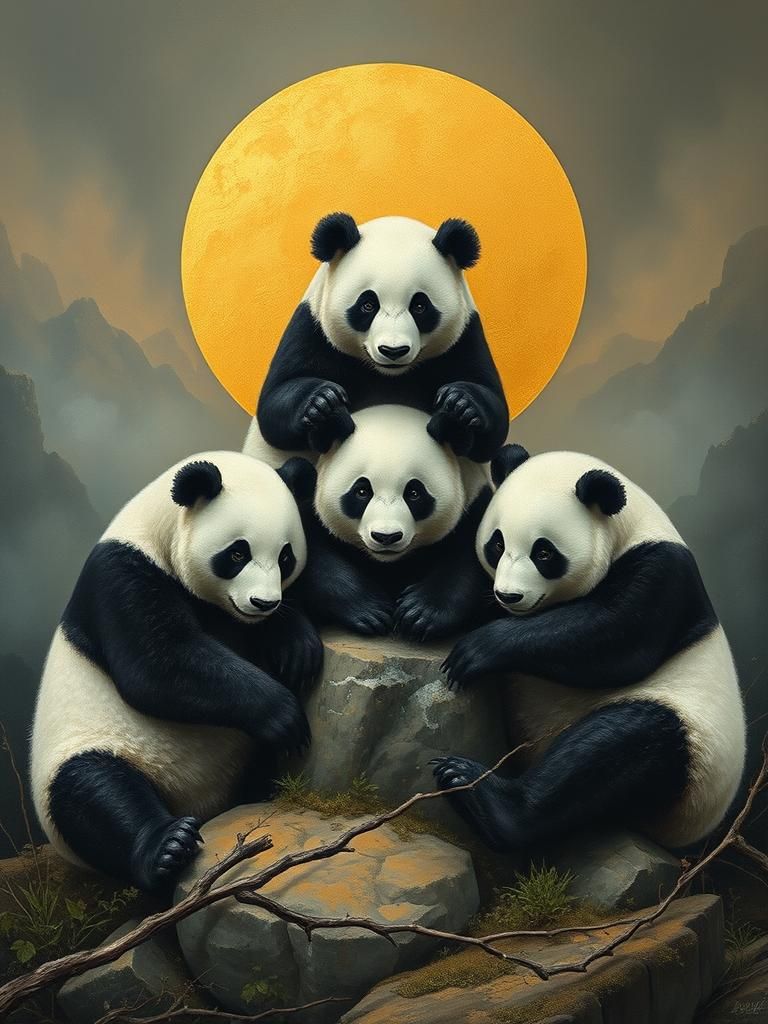 Pandas Form Pyramid in Velvet Painting Style