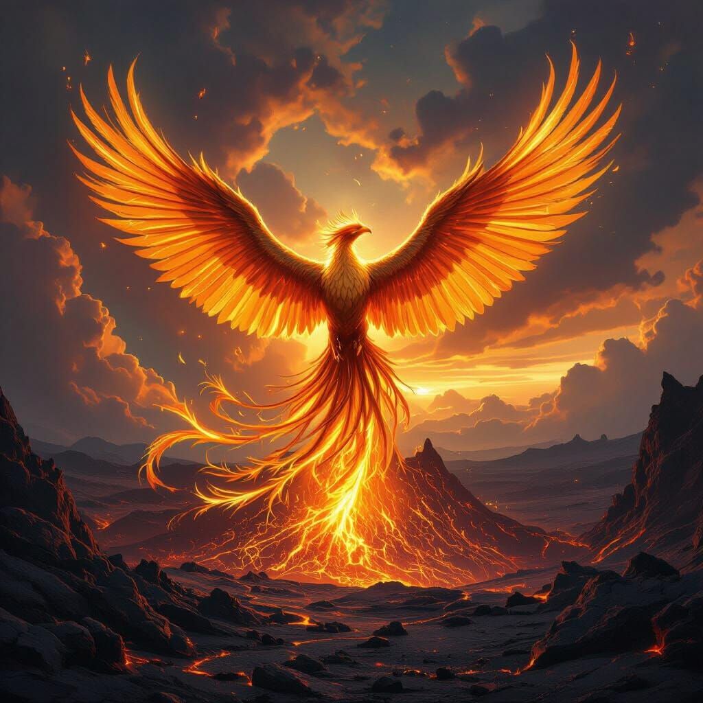 Majestic Phoenix Erupts from Volcano Amidst Nebulae Sky