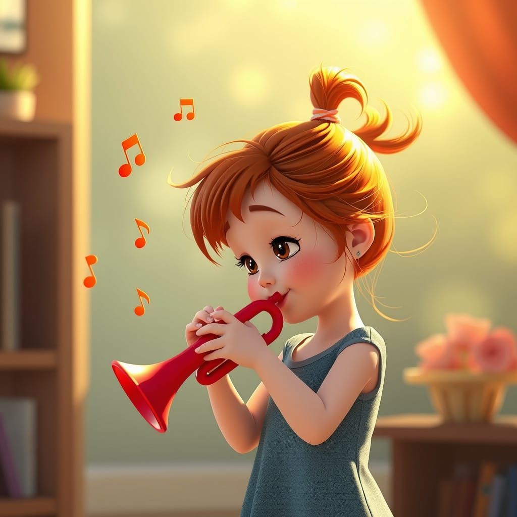 Joyful Redhead Plays Trumpet amidst Whirling Musical Notes i...
