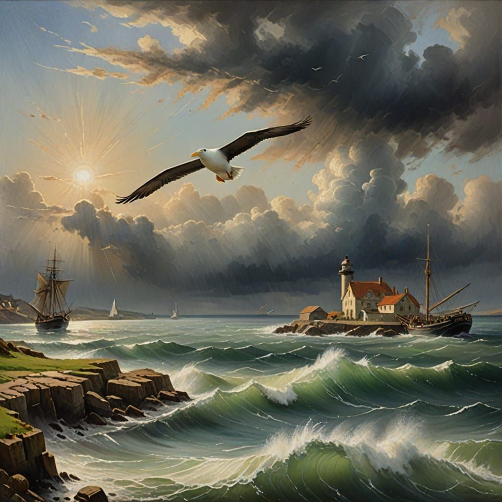 Albatross Over Turner Harbour in Impressionistic Style