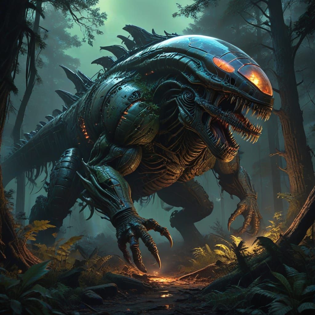 Gigantic Monster Stands Triumphant in Dark Forest Landscape