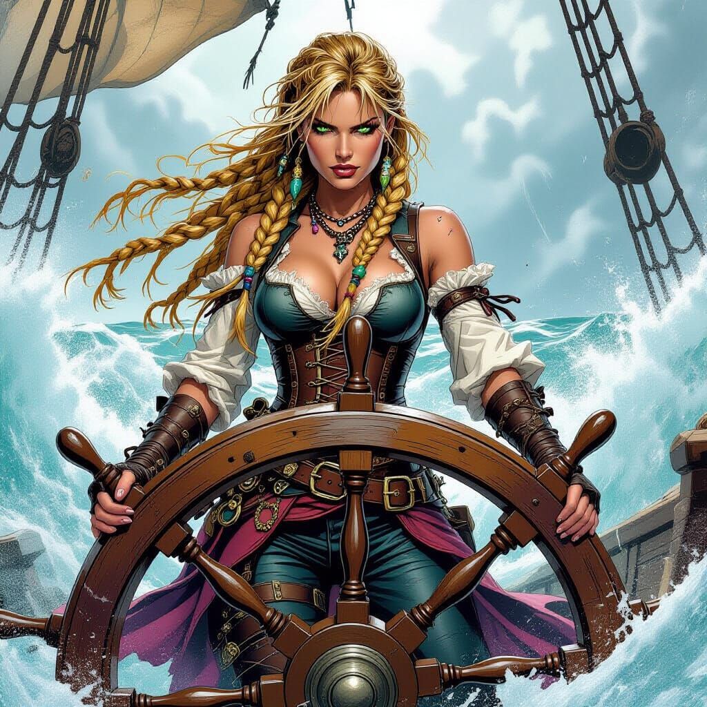 Pirate Queen Amidst Storm, Comic Book Style
