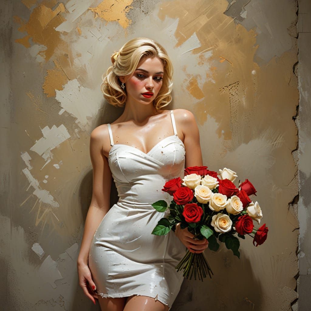 Blonde Woman with Roses: Impasto Oil Painting Portrait