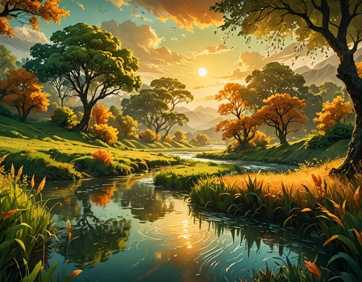 Serene River in Lush Field: Fantasy Concept Art