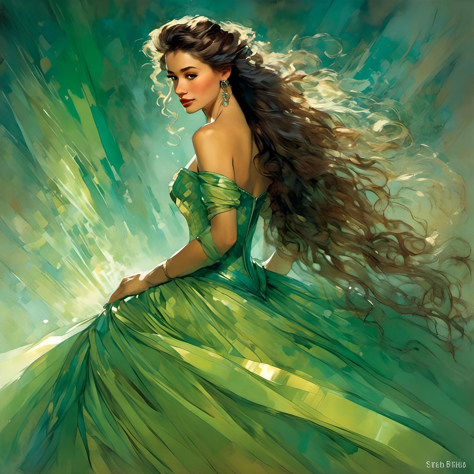 Auburn Haired Beauty in Iridescent Gown