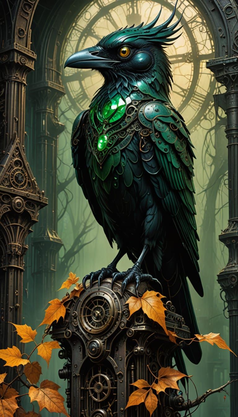 Steampunk Clockwork Raven on Gothic Spire