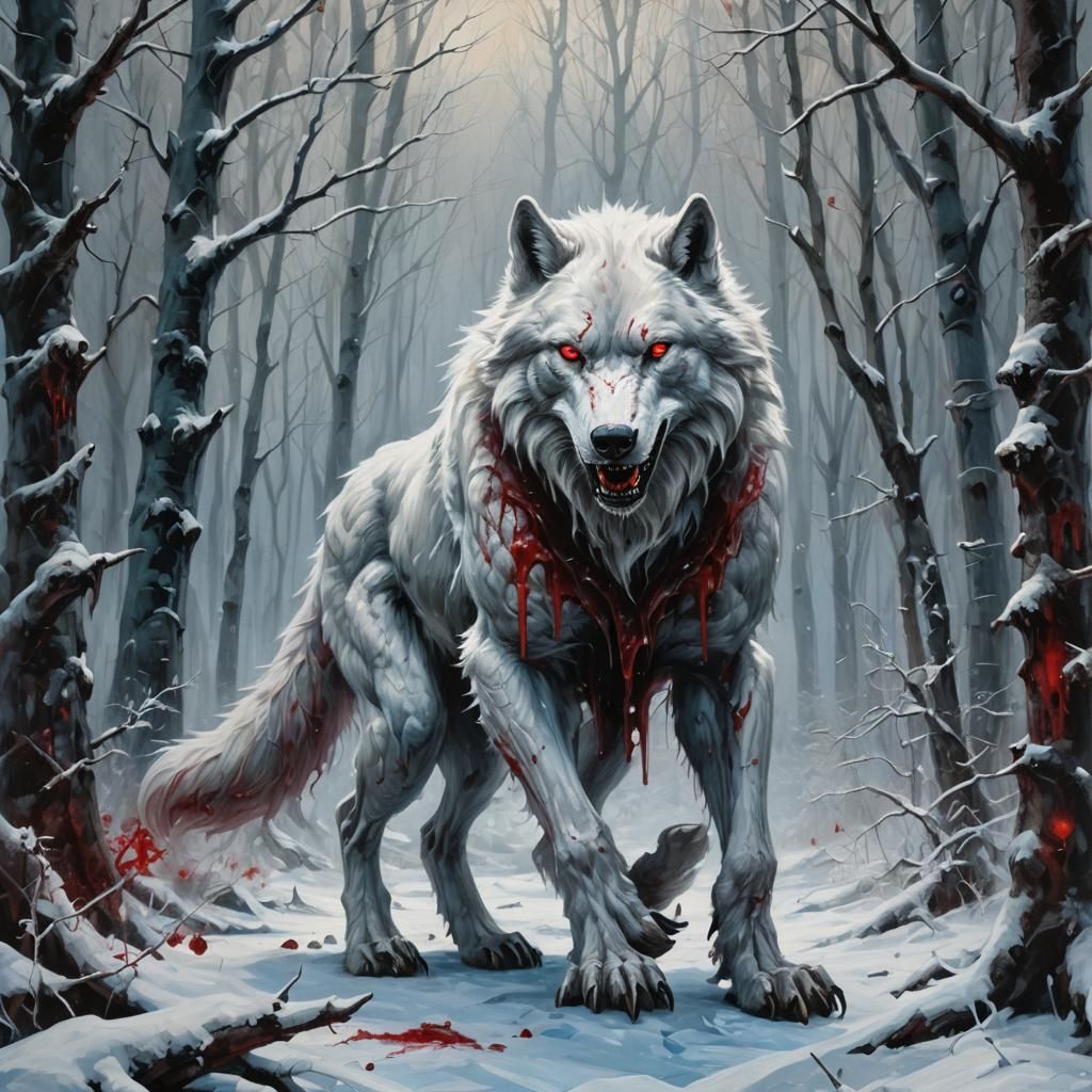 White Werewolf in Icy Forest, Gothic Oil Painting