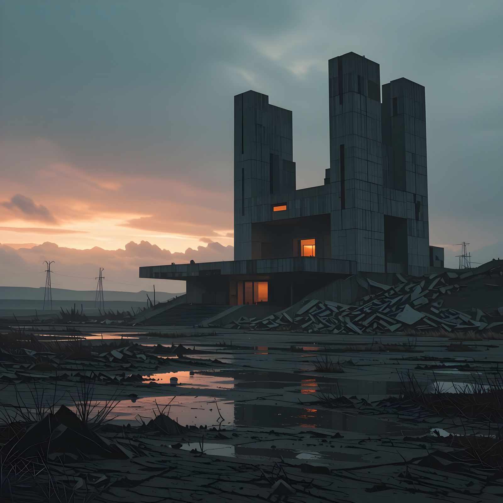 Eerie Brutalist Architecture in Barren Wasteland