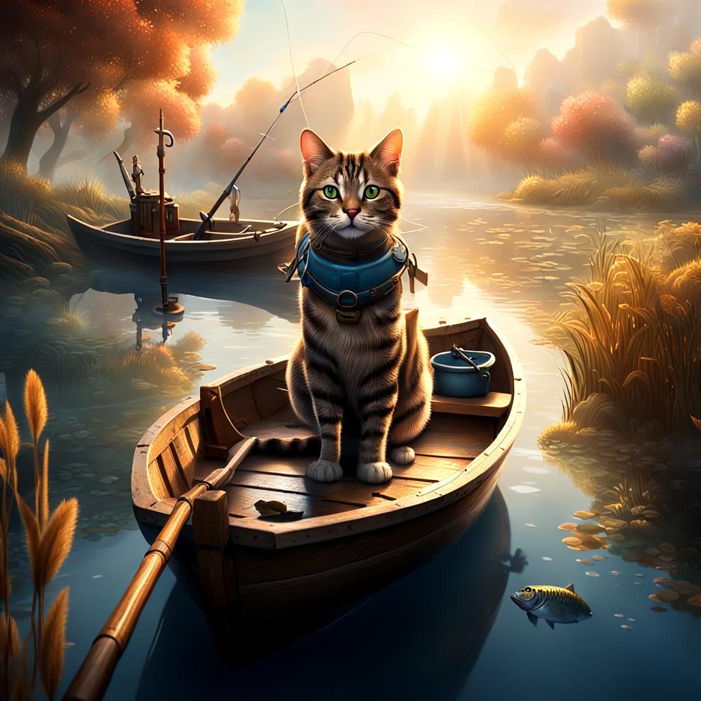 Cat Angler on Serene River in Fantasy Style