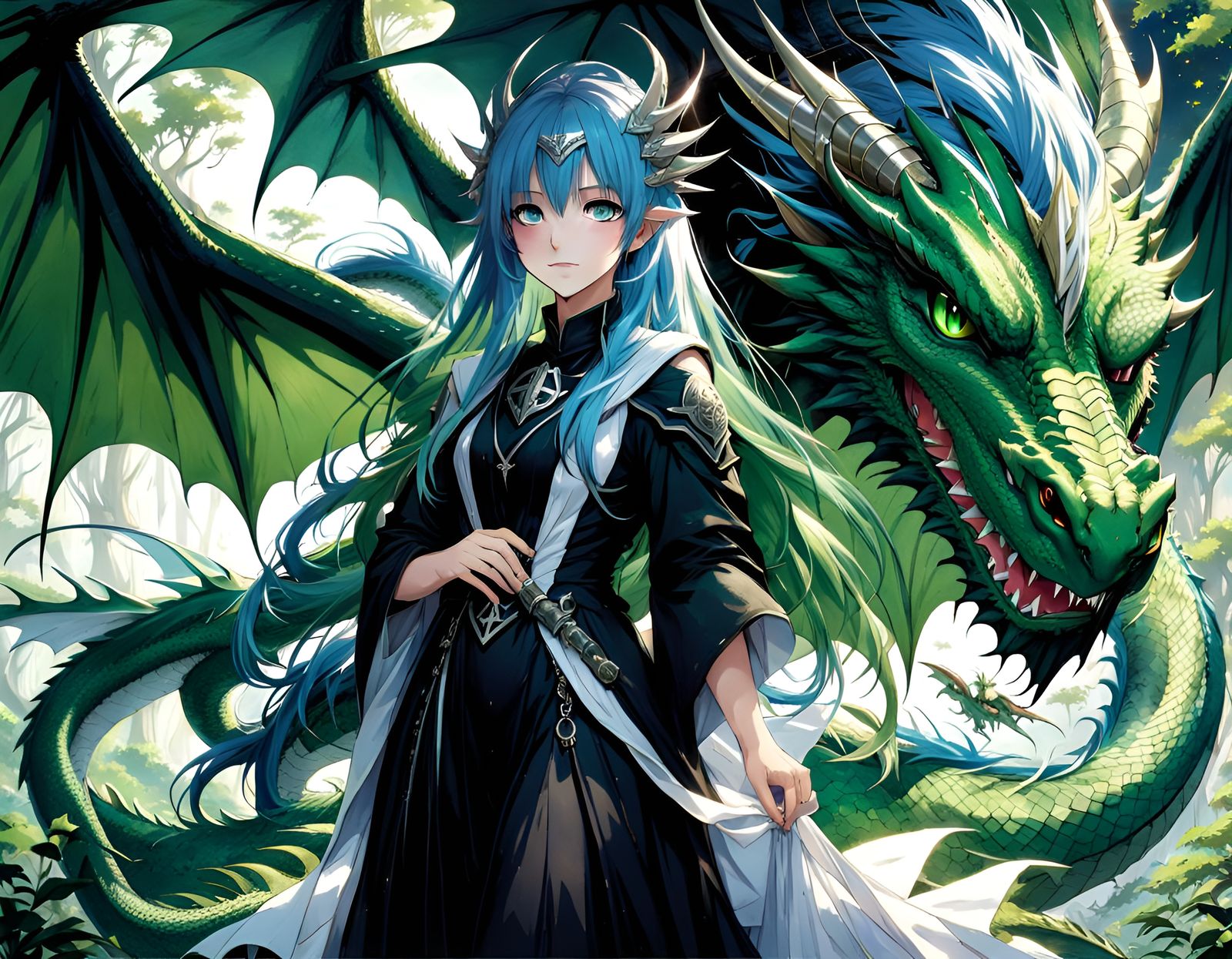 Anime Cleric and Dragon in Fantasy Swamp