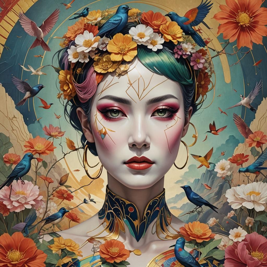 Phantom Woman Portrait in Retro-Futuristic Kintsugi Style