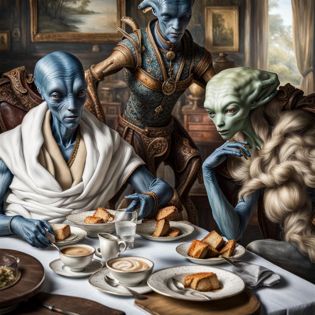 Surreal Alien Restaurant Celebration in Gritty Setting