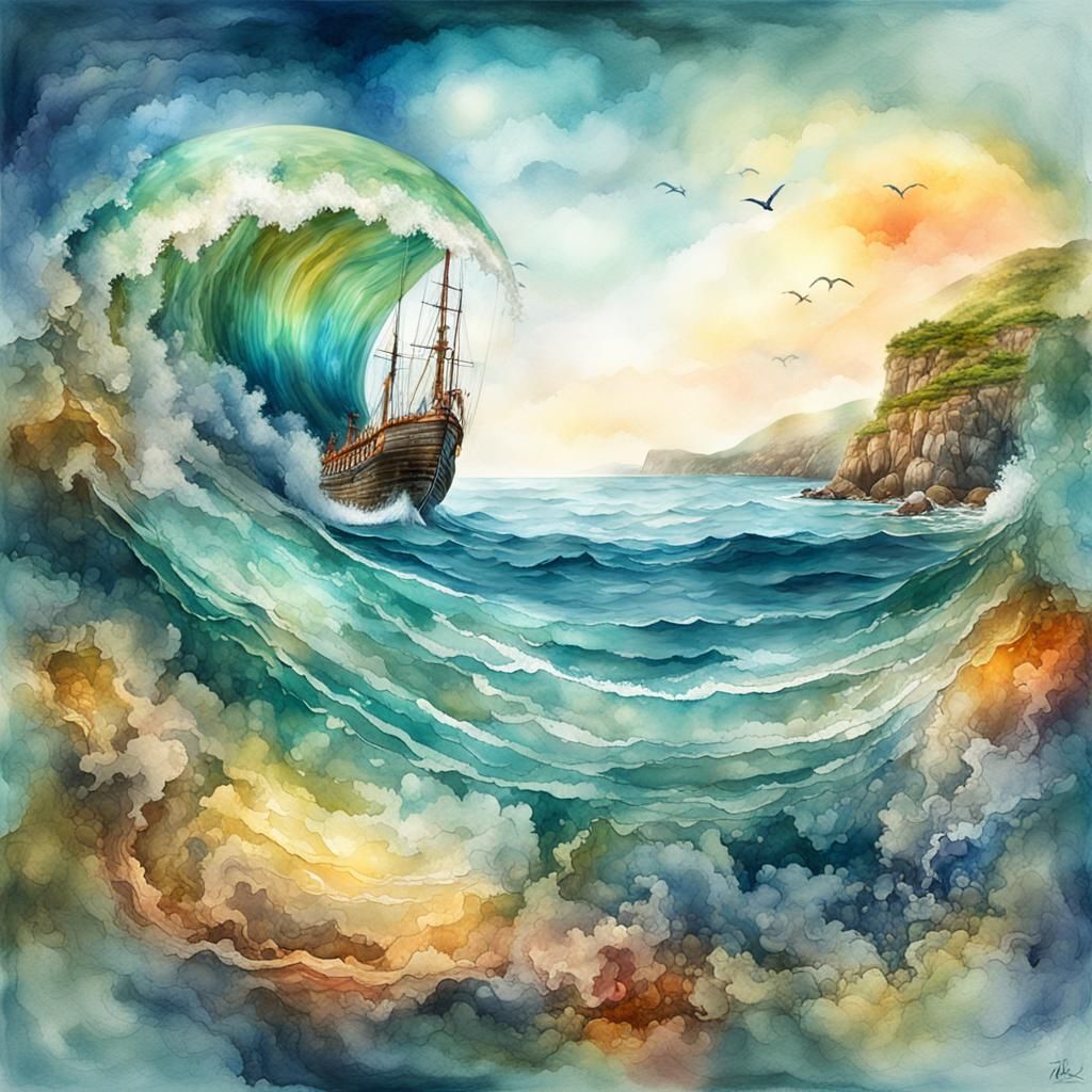 Ocean Bubble Watercolor Illustration with Double Exposure