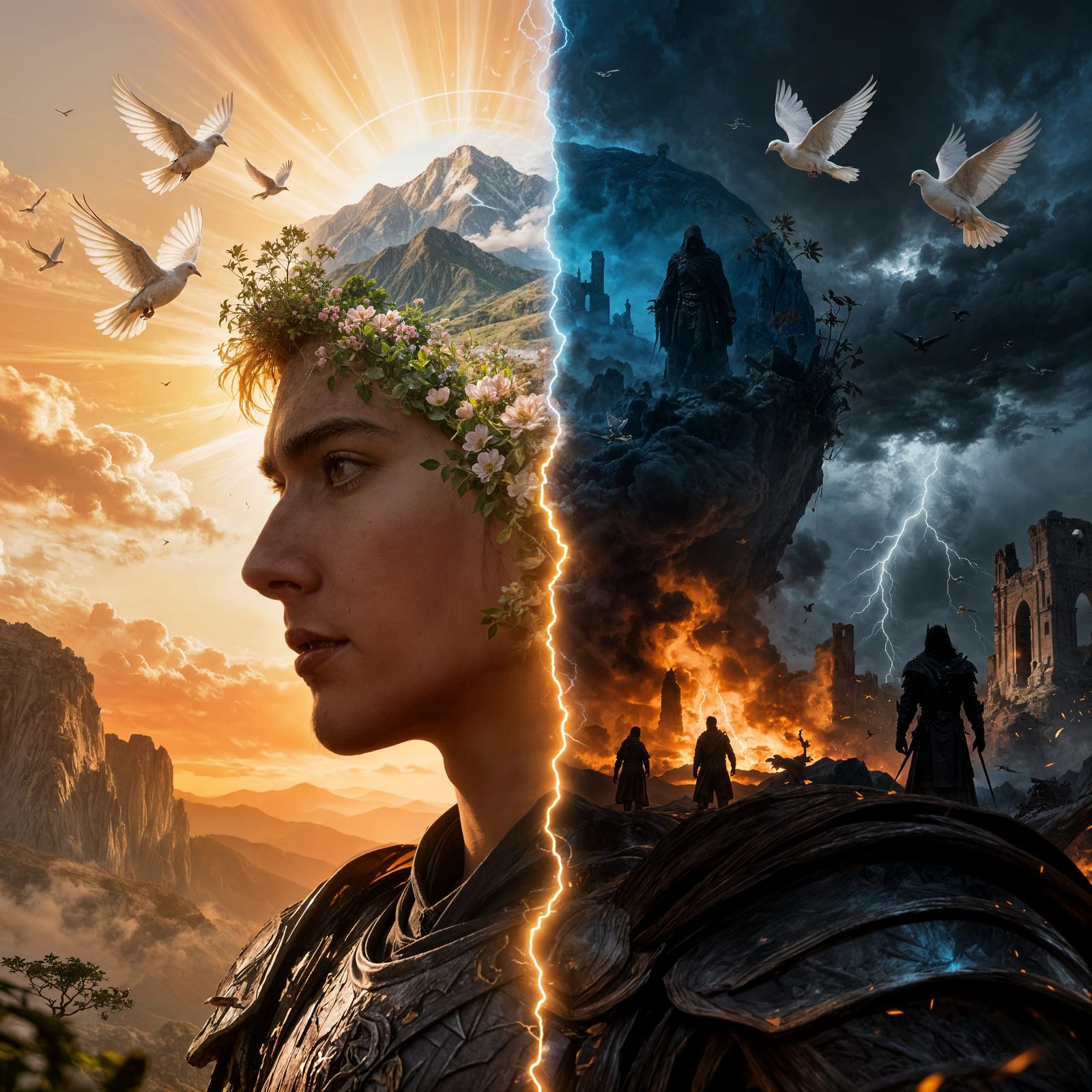 Double Exposure: Good vs Evil Human Face Warrior