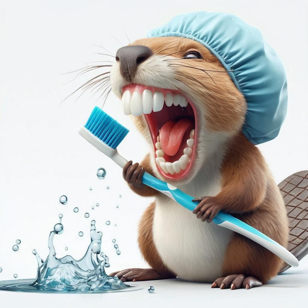 Beaver Brushing Teeth in Misty Forest Pond