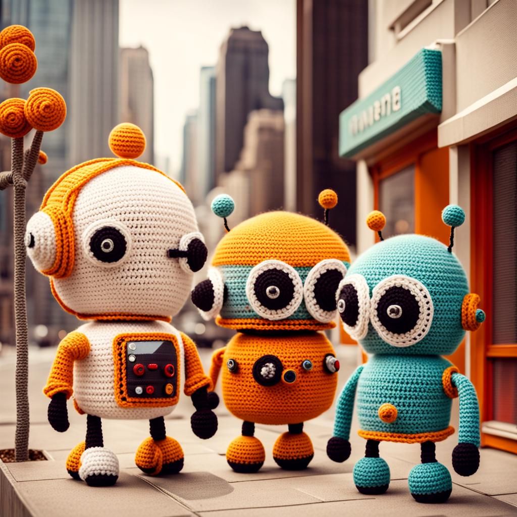 Cute Crochet Robots in Futuristic Cityscape