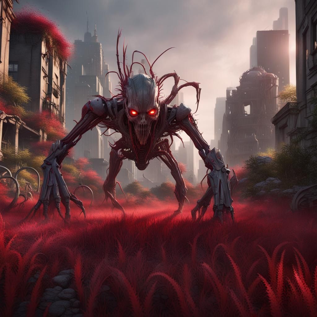 Surreal Urban Garden with Exoskeleton, Dark Fantasy Art