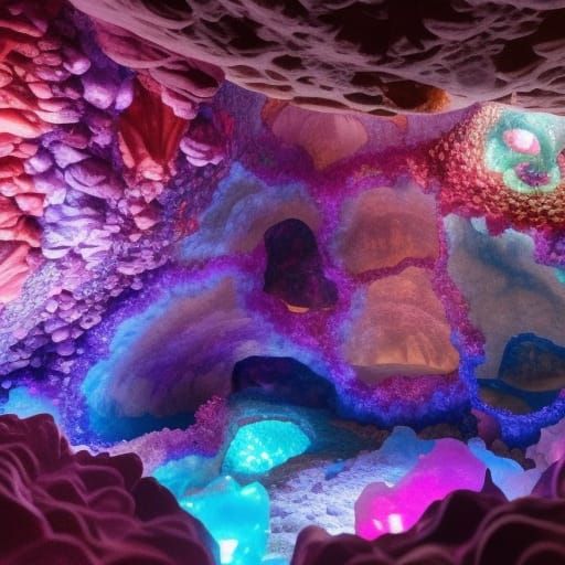 Glowing Crystals in a Purple Geode Cave