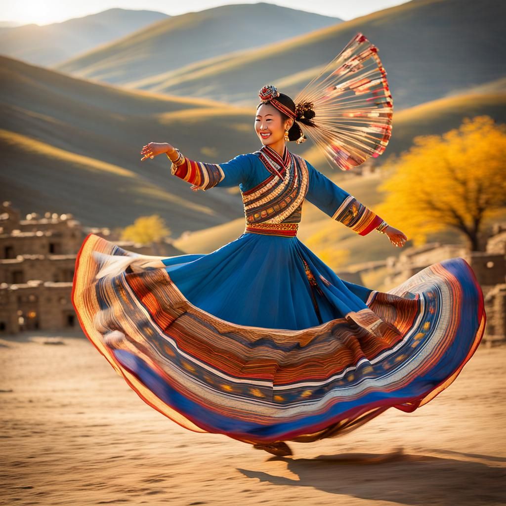Ibetian Woman Dancing at Horse Festival in Dreamlike Style