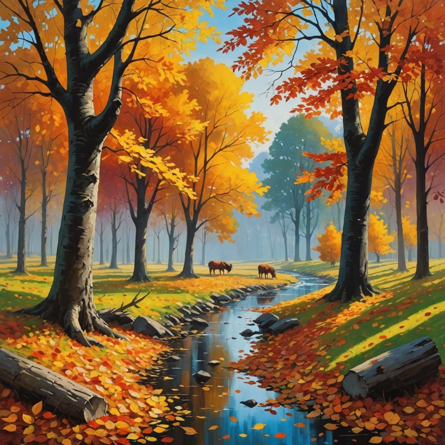Vibrant Autumn Landscape Painting with Migrating Animals