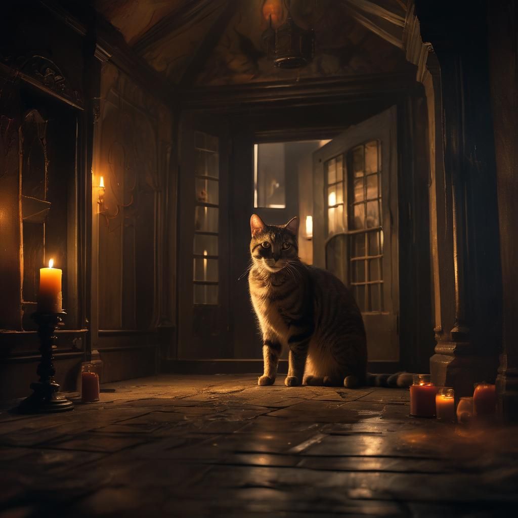 Surreal Cat at Haunted House in Oil Painting Style